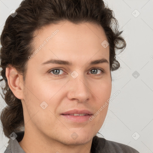 Joyful white young-adult male with medium  brown hair and brown eyes