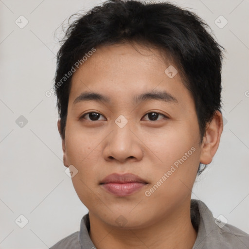 Neutral asian young-adult male with short  brown hair and brown eyes