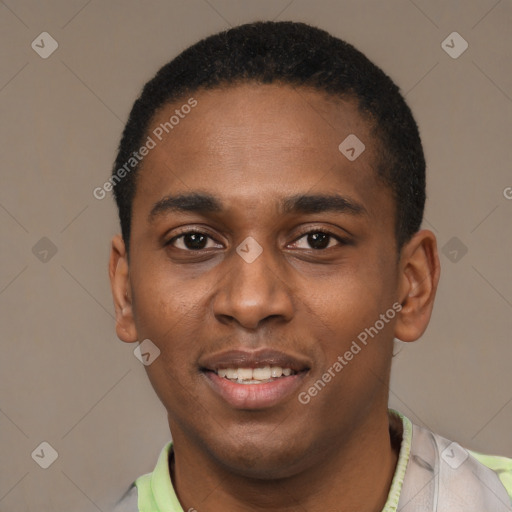 Joyful black young-adult male with short  black hair and brown eyes