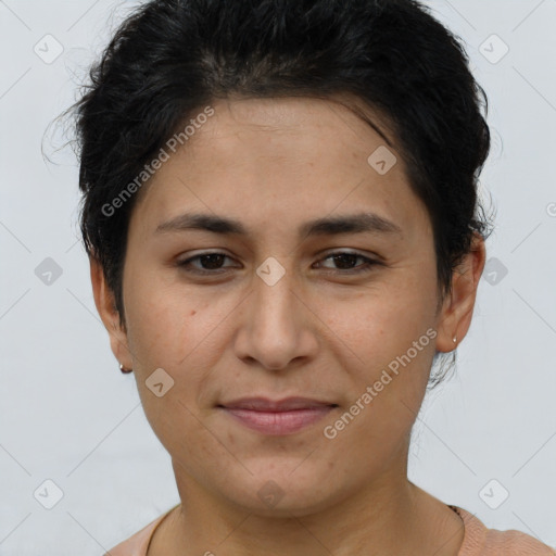 Joyful latino young-adult female with short  brown hair and brown eyes