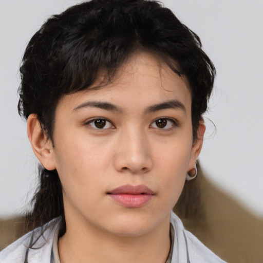 Neutral asian young-adult female with medium  brown hair and brown eyes