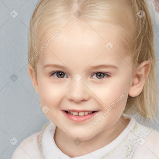 Joyful white child female with medium  brown hair and blue eyes