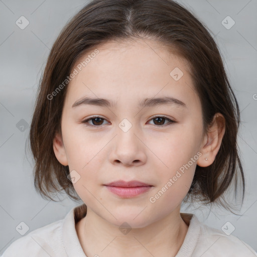 Joyful white child female with medium  brown hair and brown eyes