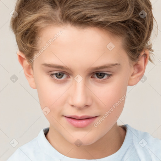 Joyful white child female with short  brown hair and brown eyes