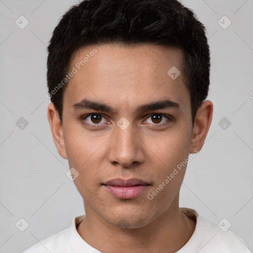 Neutral white young-adult male with short  brown hair and brown eyes