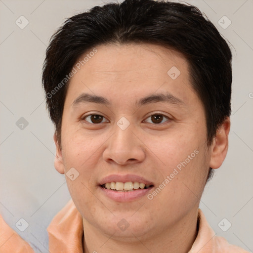 Joyful white young-adult female with short  brown hair and brown eyes