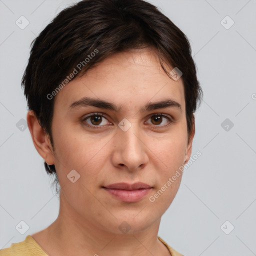 Joyful white young-adult female with short  brown hair and brown eyes