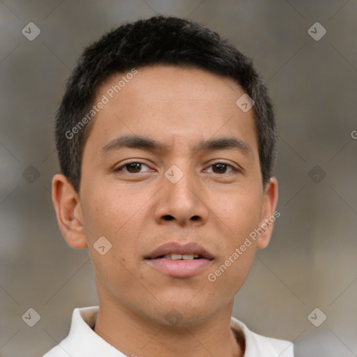 Neutral latino young-adult male with short  brown hair and brown eyes