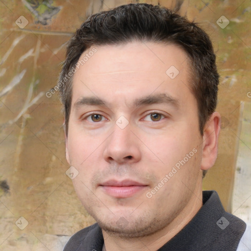 Neutral white young-adult male with short  brown hair and brown eyes
