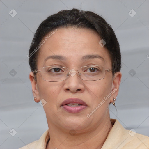 Joyful white adult female with short  brown hair and brown eyes