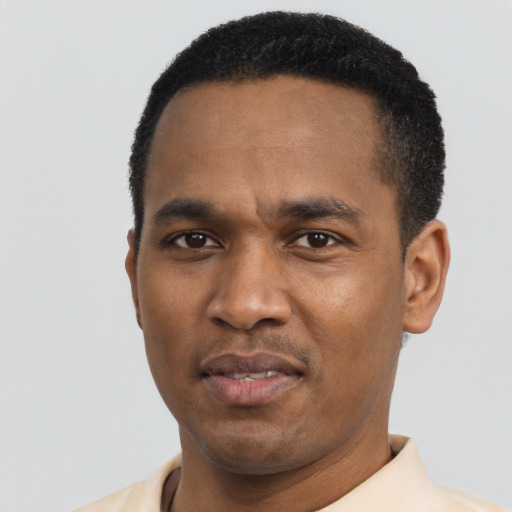 Neutral latino adult male with short  black hair and brown eyes