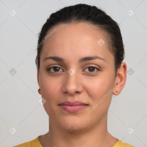 Neutral white young-adult female with short  brown hair and brown eyes