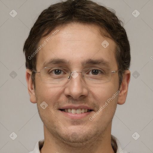 Joyful white adult male with short  brown hair and grey eyes