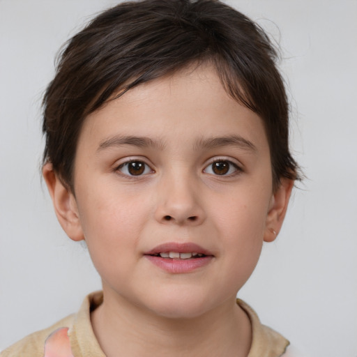 Joyful white child female with medium  brown hair and brown eyes