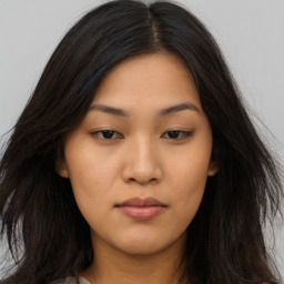 Neutral asian young-adult female with long  brown hair and brown eyes