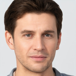 Neutral white young-adult male with short  brown hair and grey eyes