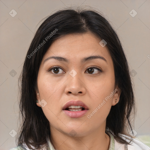 Joyful white young-adult female with medium  brown hair and brown eyes