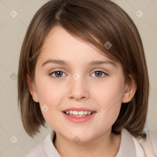 Joyful white child female with medium  brown hair and brown eyes