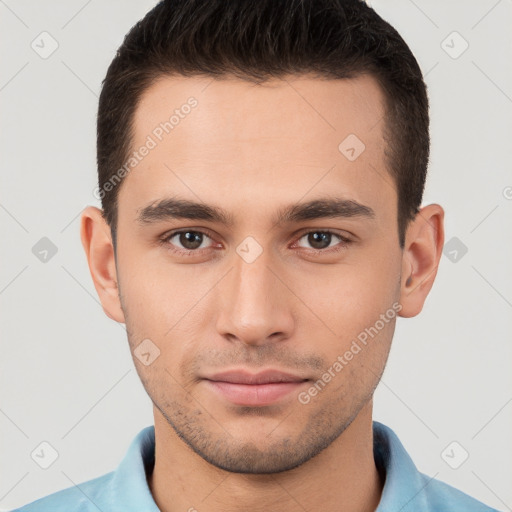 Neutral white young-adult male with short  brown hair and brown eyes