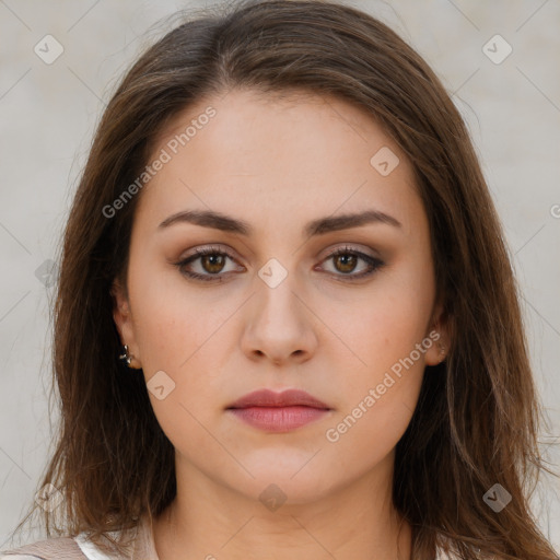 Neutral white young-adult female with long  brown hair and brown eyes