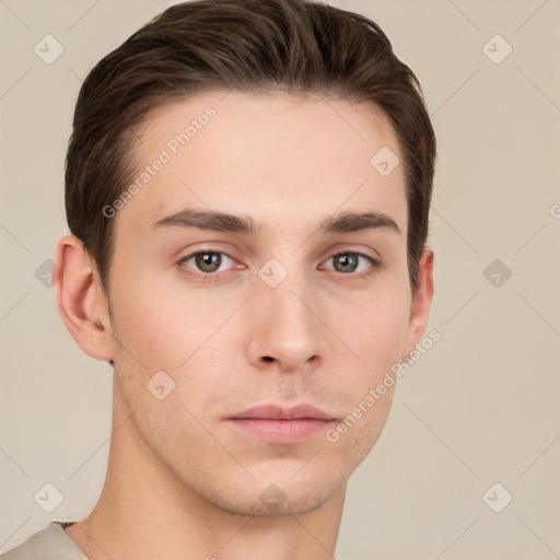 Neutral white young-adult male with short  brown hair and grey eyes