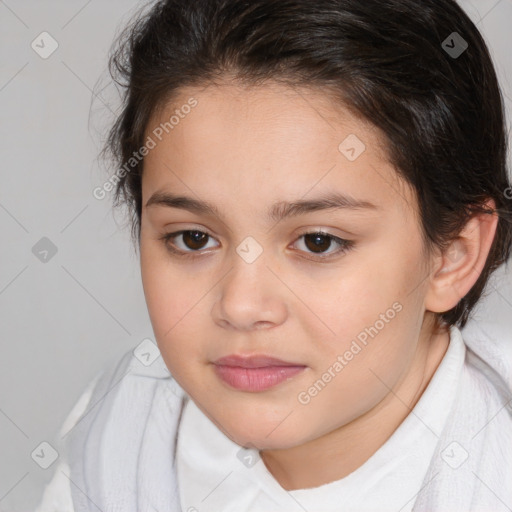 Joyful white child female with medium  brown hair and brown eyes