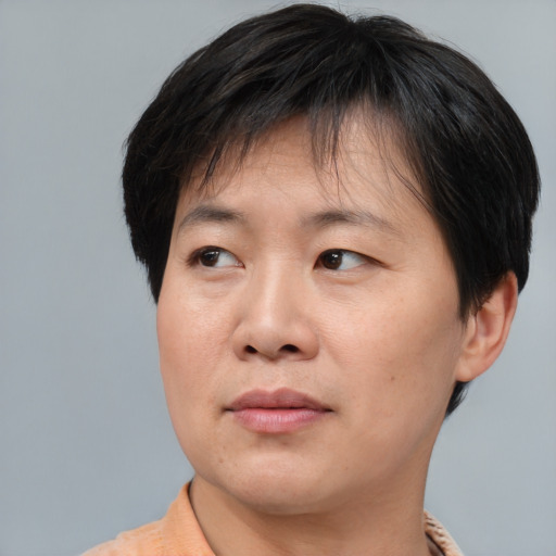 Joyful asian adult male with short  brown hair and brown eyes