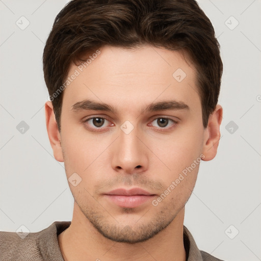 Neutral white young-adult male with short  brown hair and brown eyes