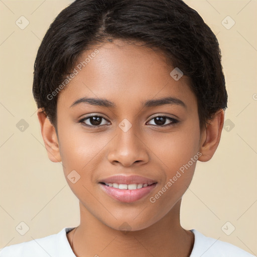 Joyful white child female with short  brown hair and brown eyes