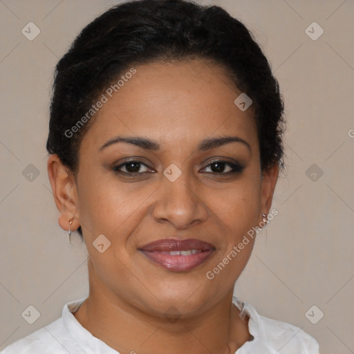 Joyful latino young-adult female with short  brown hair and brown eyes