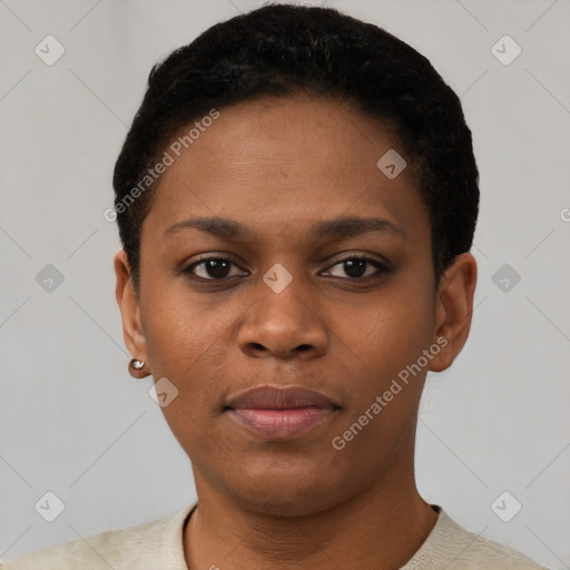 Neutral black young-adult female with short  black hair and brown eyes