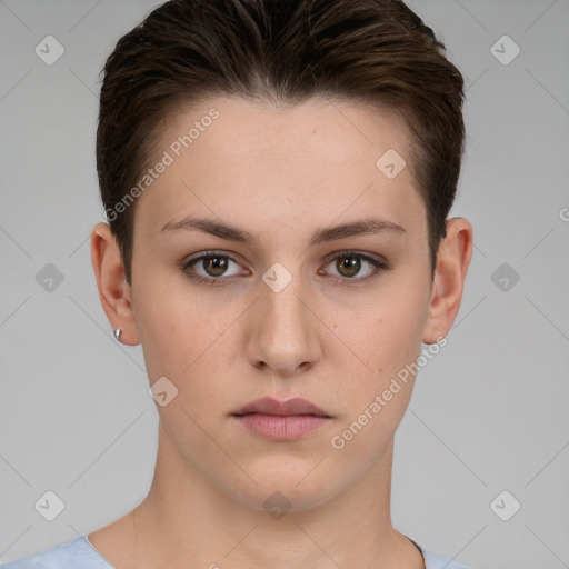 Neutral white young-adult female with short  brown hair and brown eyes