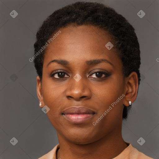 Neutral black young-adult female with short  brown hair and brown eyes