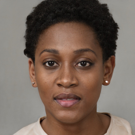 Neutral black young-adult female with short  brown hair and brown eyes