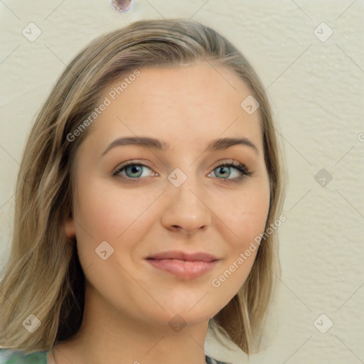 Joyful white young-adult female with long  brown hair and blue eyes