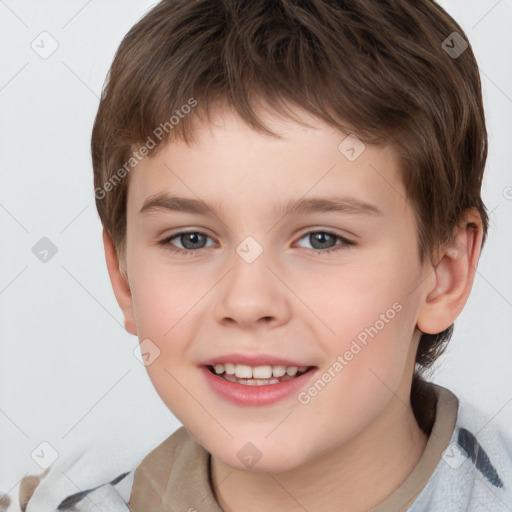 Joyful white child male with short  brown hair and brown eyes