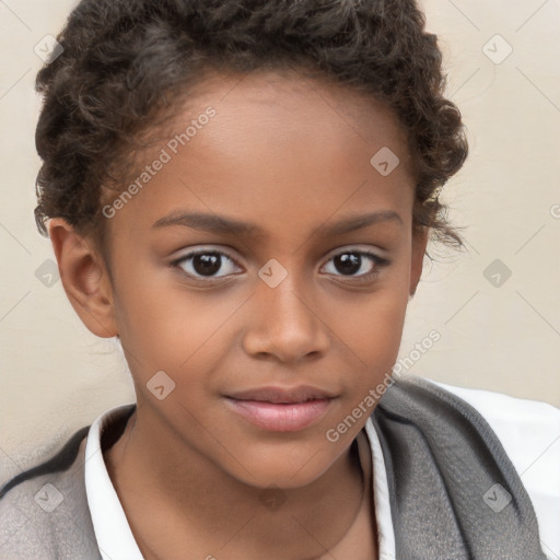 Joyful white child female with short  brown hair and brown eyes