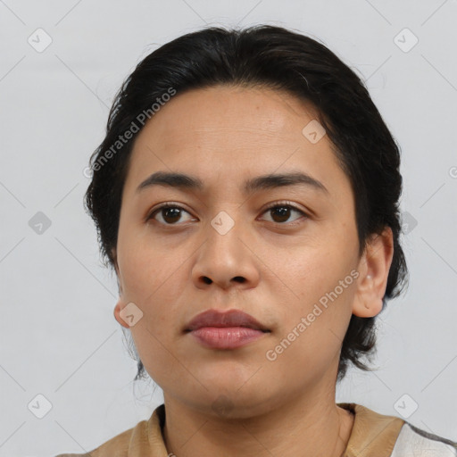 Neutral asian young-adult female with short  brown hair and brown eyes