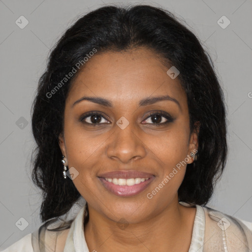 Joyful black young-adult female with medium  brown hair and brown eyes