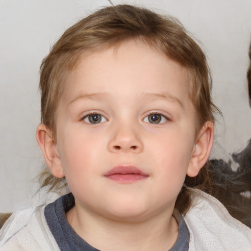 Neutral white child female with medium  brown hair and blue eyes