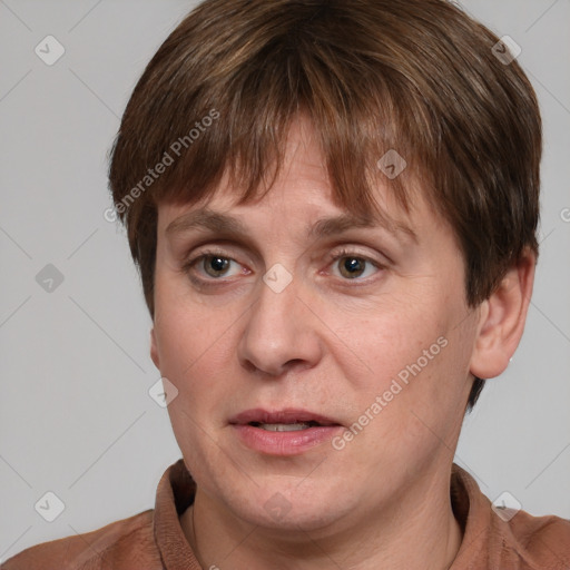 Joyful white adult male with short  brown hair and grey eyes