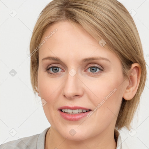 Joyful white young-adult female with medium  brown hair and blue eyes