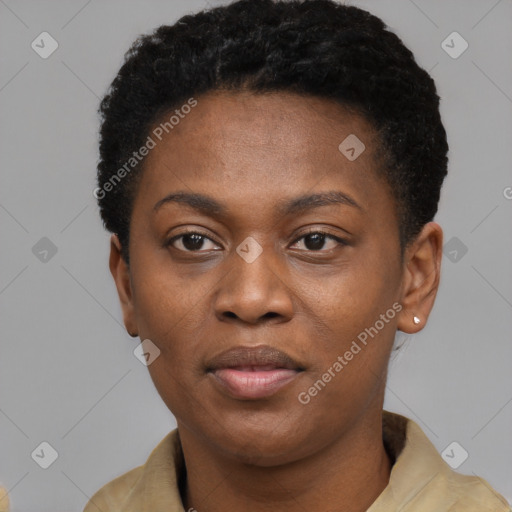 Neutral black young-adult female with short  black hair and brown eyes