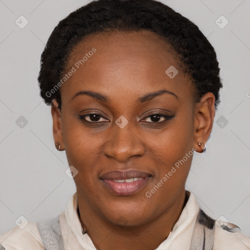 Joyful latino young-adult female with short  black hair and brown eyes