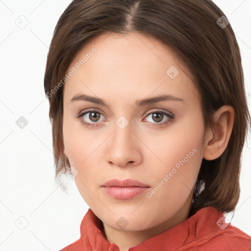 Neutral white young-adult female with medium  brown hair and brown eyes