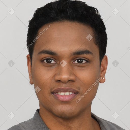 Joyful black young-adult male with short  black hair and brown eyes