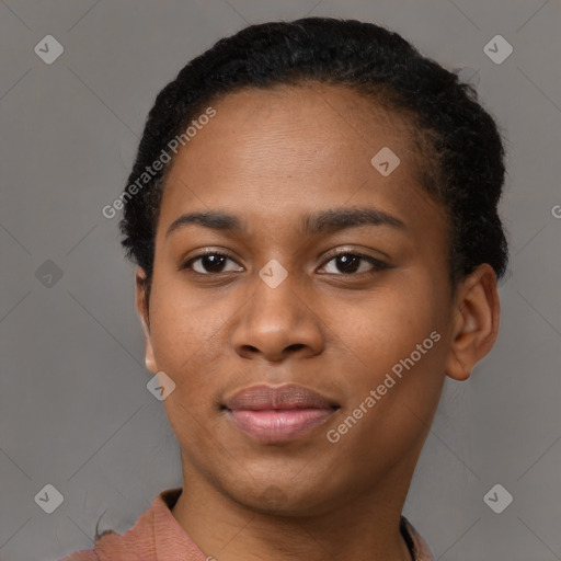 Joyful black young-adult female with short  brown hair and brown eyes