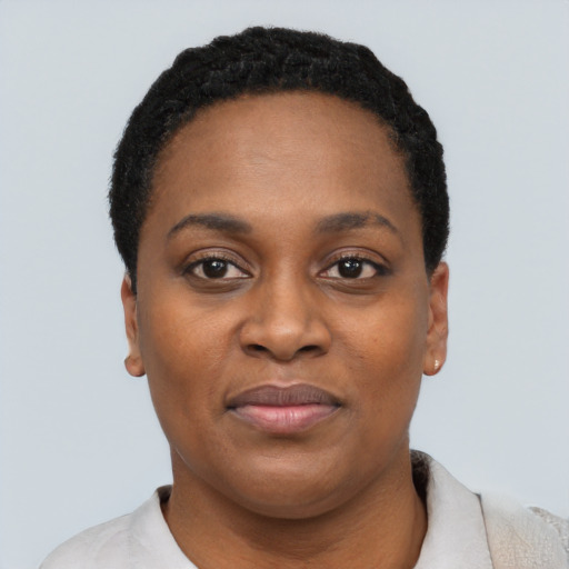 Joyful black young-adult female with short  black hair and brown eyes