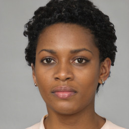 Neutral black young-adult female with short  black hair and brown eyes