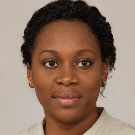 Neutral black young-adult female with short  brown hair and brown eyes